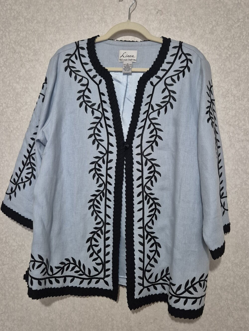 LINEA BY LOUIS DELL'OLIOLight Blue Embroidered Open Front Jacket with Black Trim